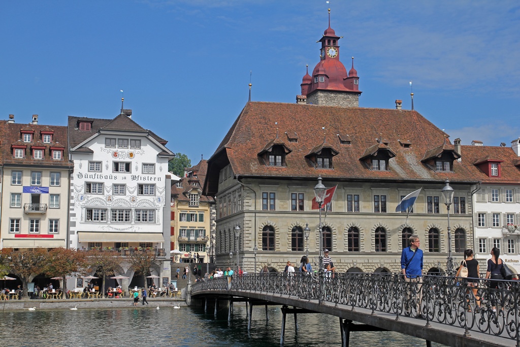 Footbridge and Riverfront Buildings